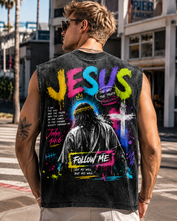 Jesus Follow Me Washed Black Tank Top