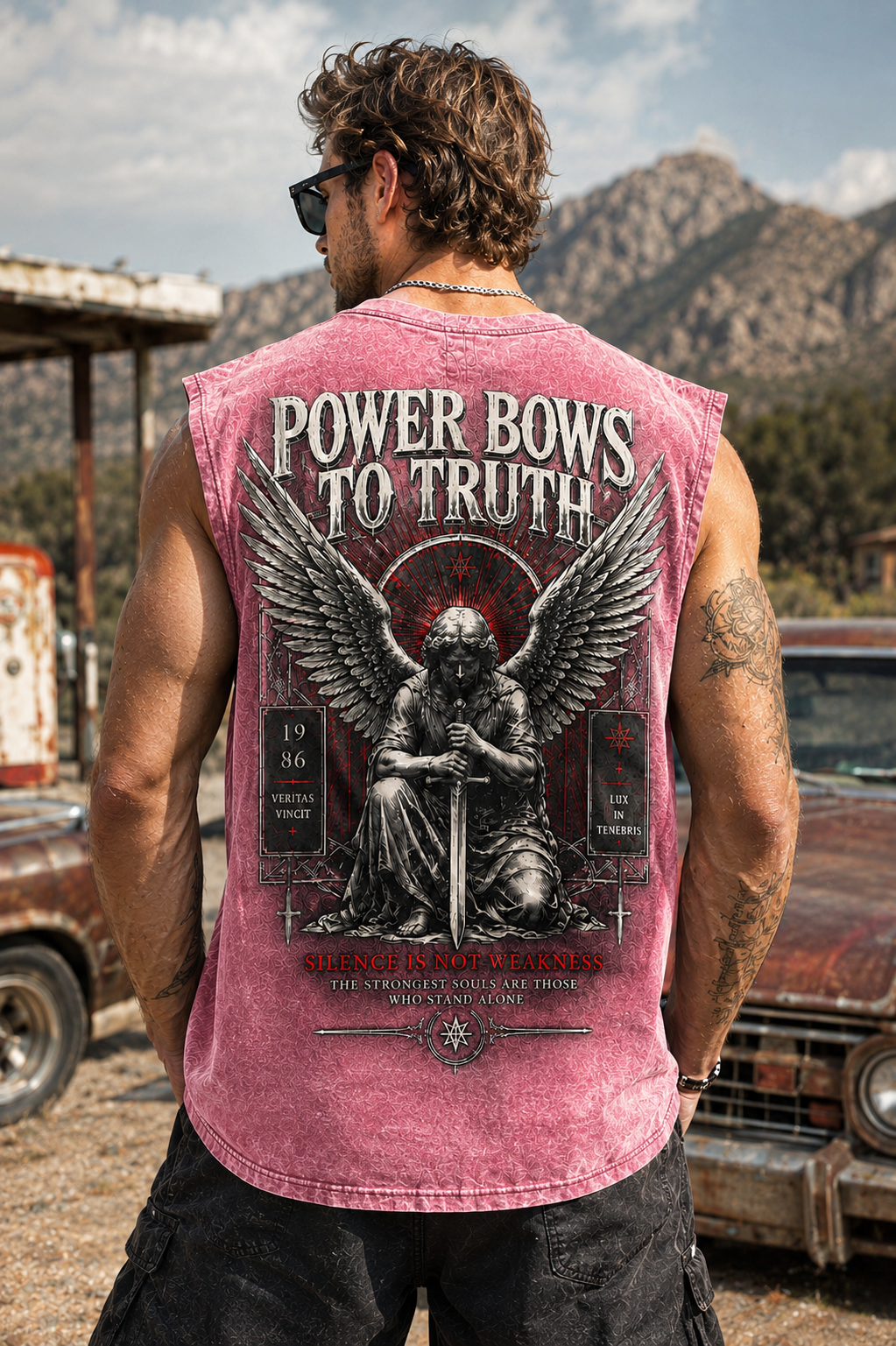 POWER BOWS TO TRUTH – Washed Black Sleeveless Tee