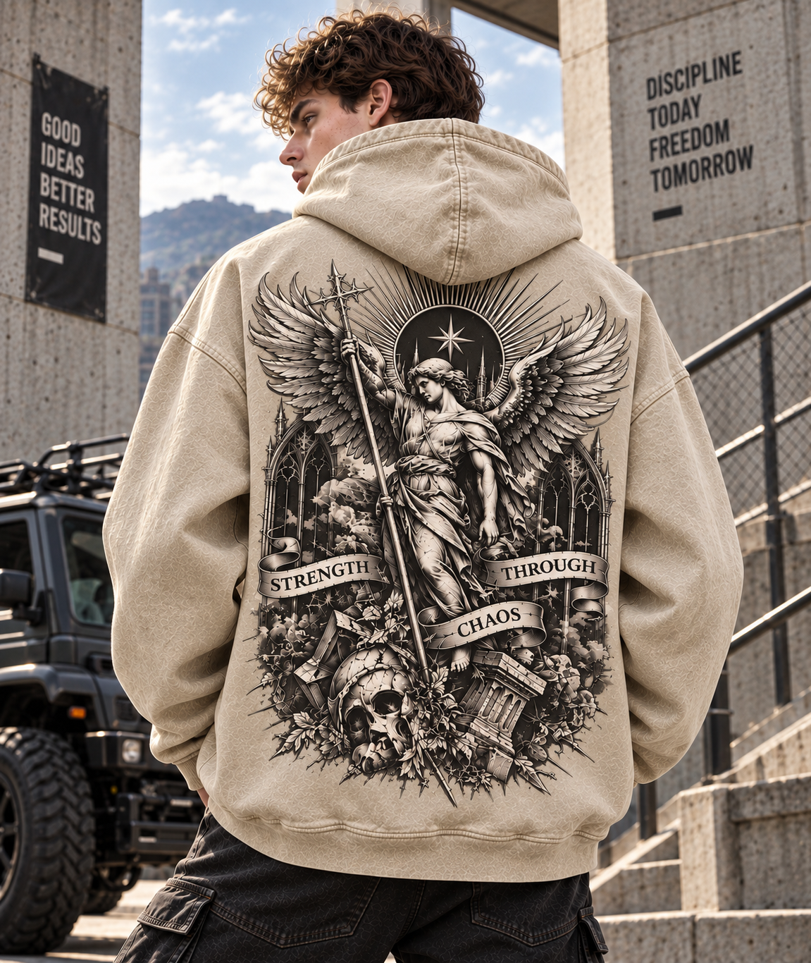 Strength Through Chaos – Vintage Gothic Angel Hoodie