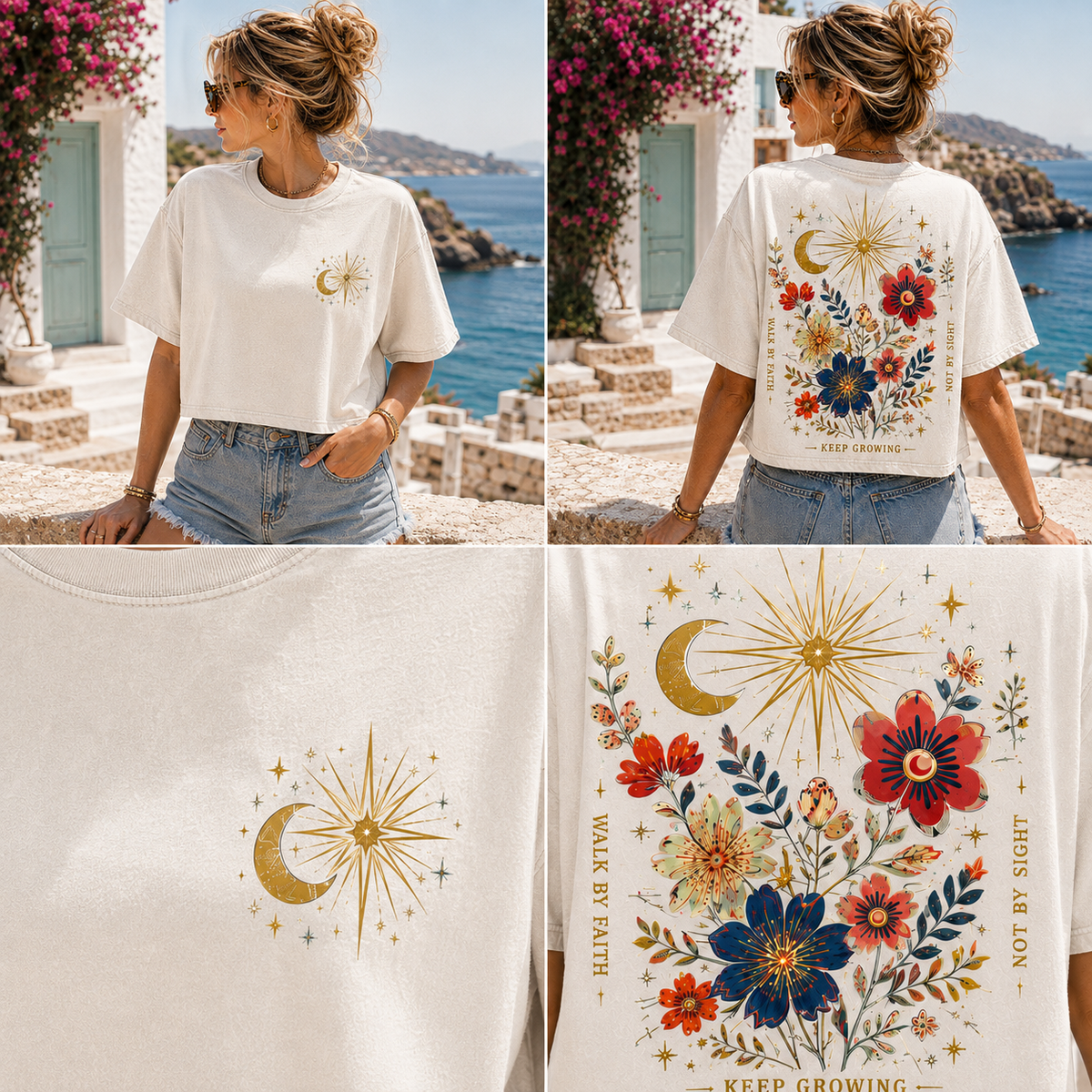 Celestial Bloom Crop Top – Vintage Floral Graphic Tee