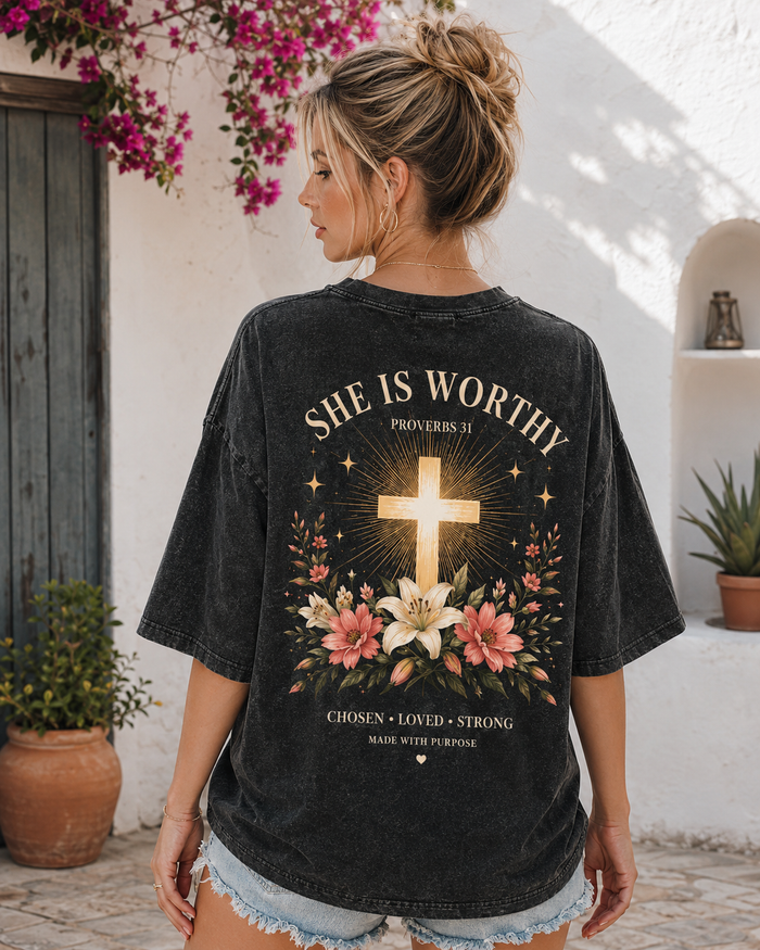 She Is Worthy Floral Cross T-Shirt – Vintage Washed Christian Tee
