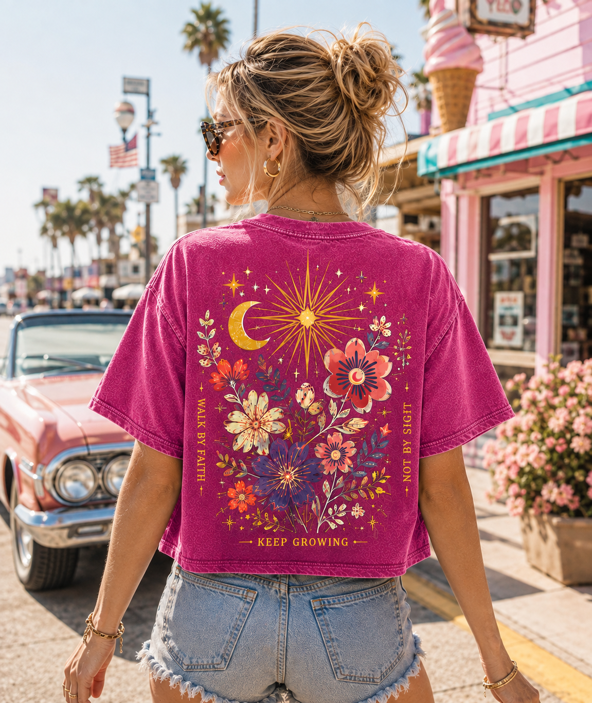 Celestial Bloom Crop Top – Vintage Floral Graphic Tee