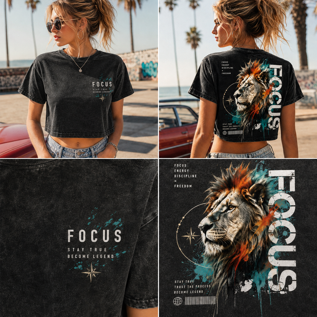 FOCUS Lion Graphic Crop Tee – Vintage Wash
