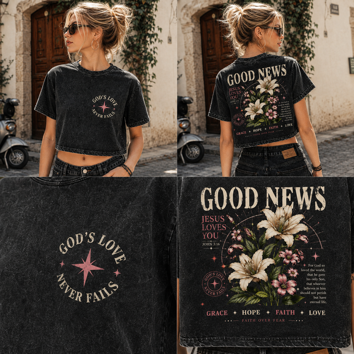 Good News Faith Floral Crop Top – Vintage Christian Tee