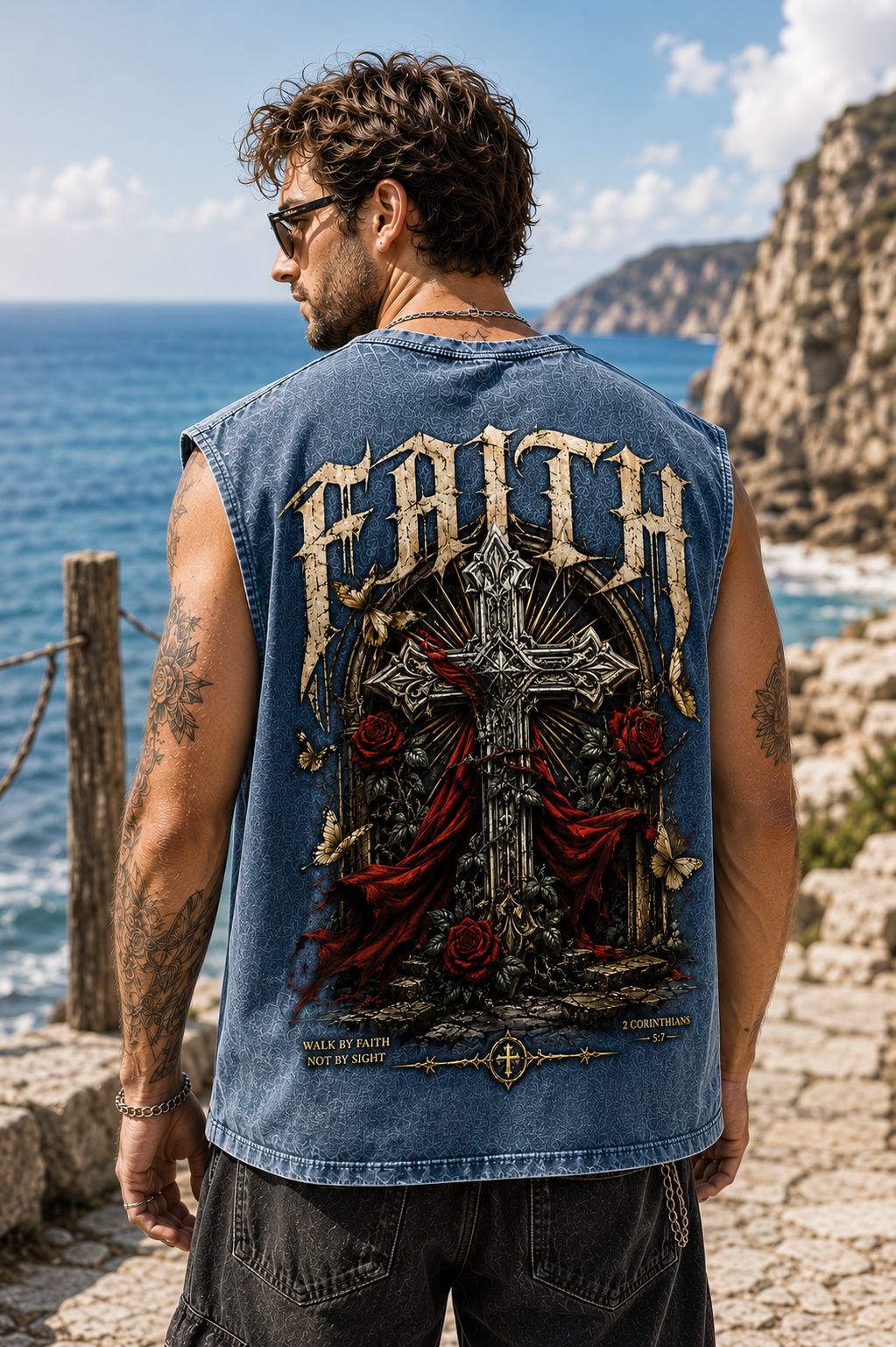 Washed Black Faith Cross Muscle Tee – Vintage Gothic Streetwear