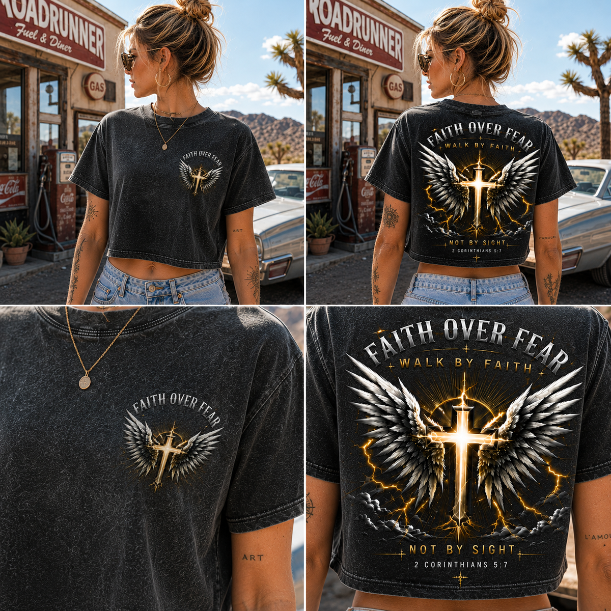 Faith Over Fear – Winged Cross Vintage Crop Tee
