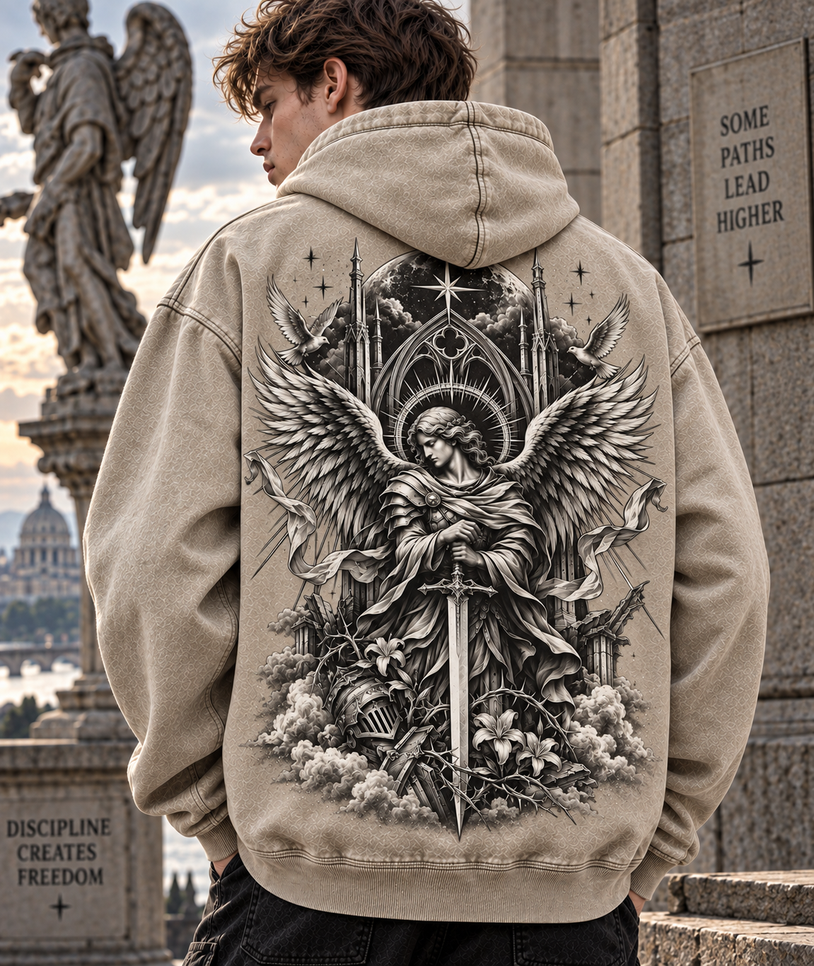 Angelic Guardian Vintage Hoodie – Gothic Wings & Sword
