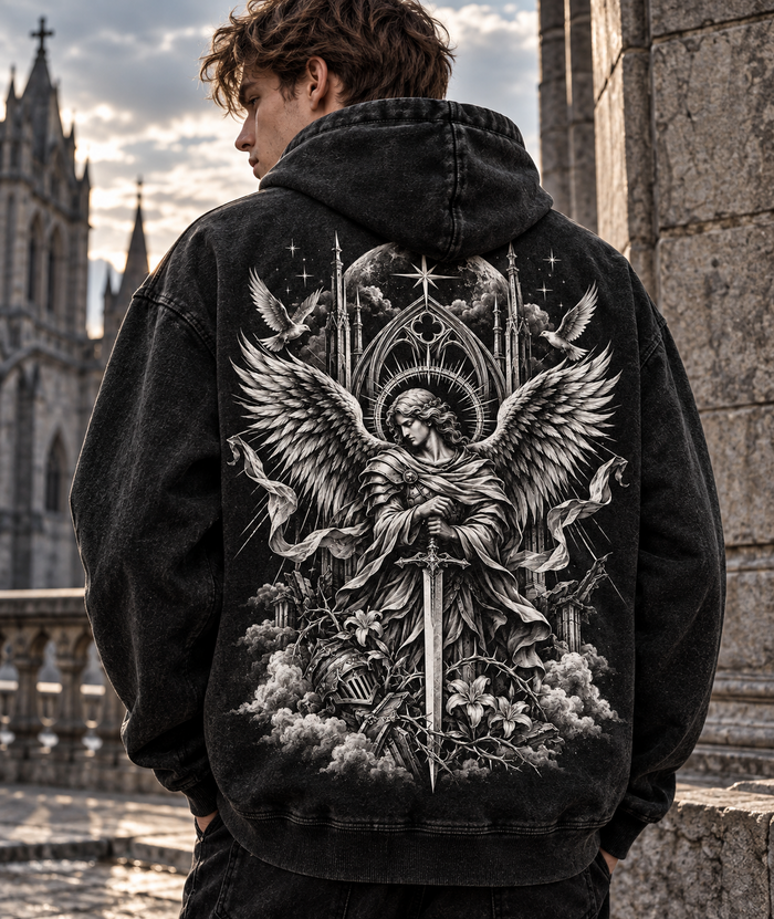 Angelic Guardian Vintage Hoodie – Gothic Wings & Sword