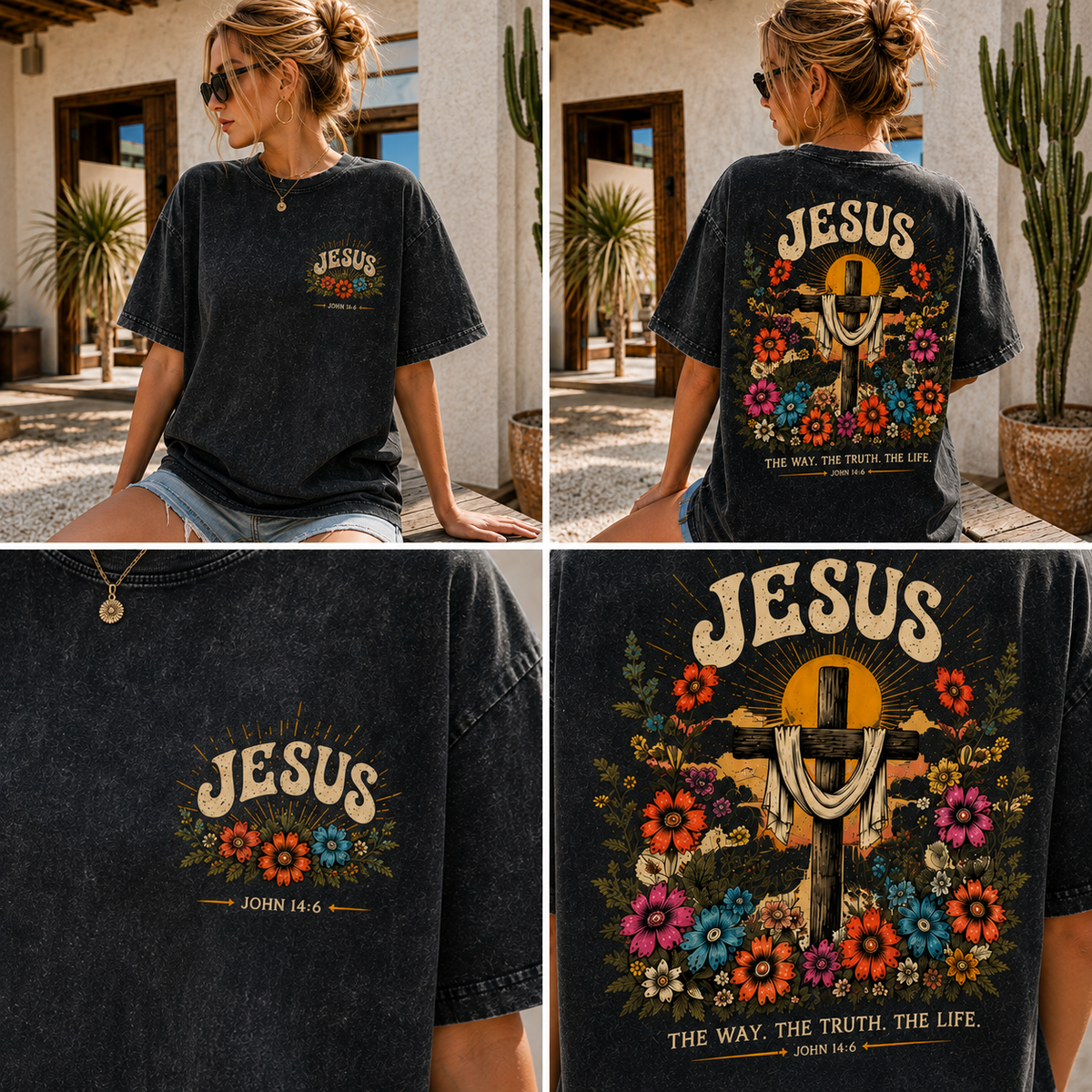 Jesus Cross Vintage Tee – Washed Black Floral Graphic