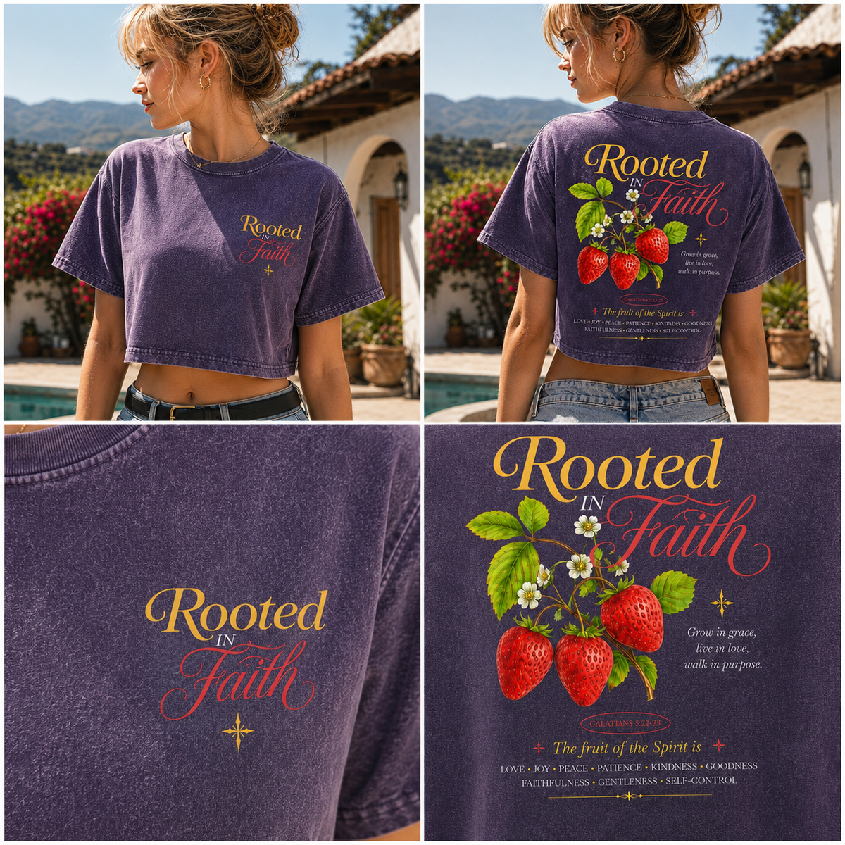 Rooted in Faith Strawberry Crop Top – Vintage Christian Tee