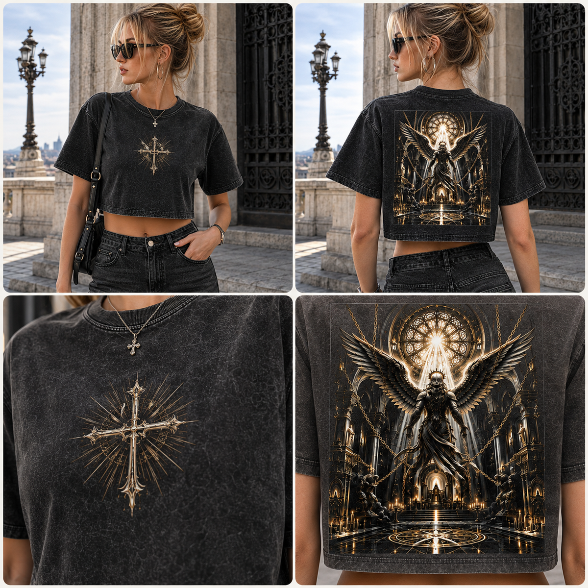 Gothic Angel Cross Washed Crop Tee
