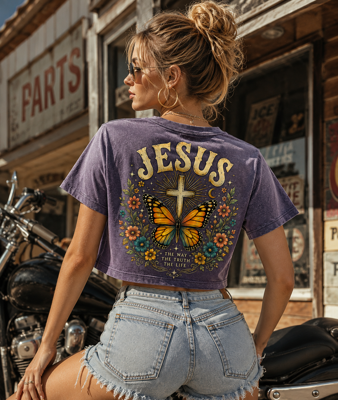 JESUS Butterfly Vintage Crop Top – Washed Black