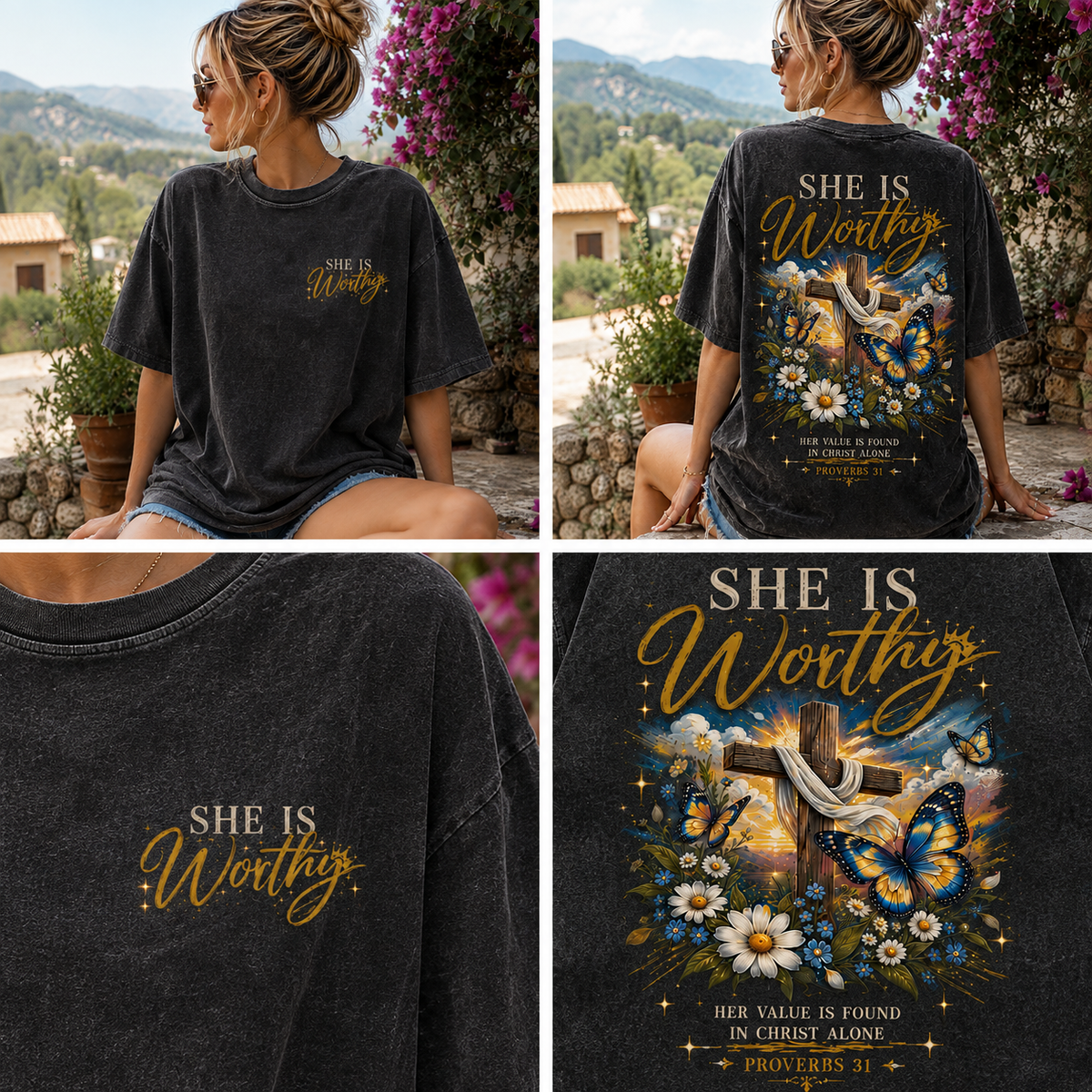 She Is Worthy Christian T-Shirt – Vintage Cross & Butterfly Graphic Tee