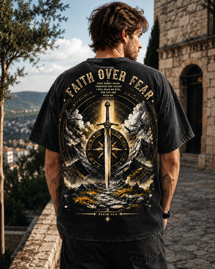 Faith Over Fear – Vintage Washed Black Oversized T-Shirt