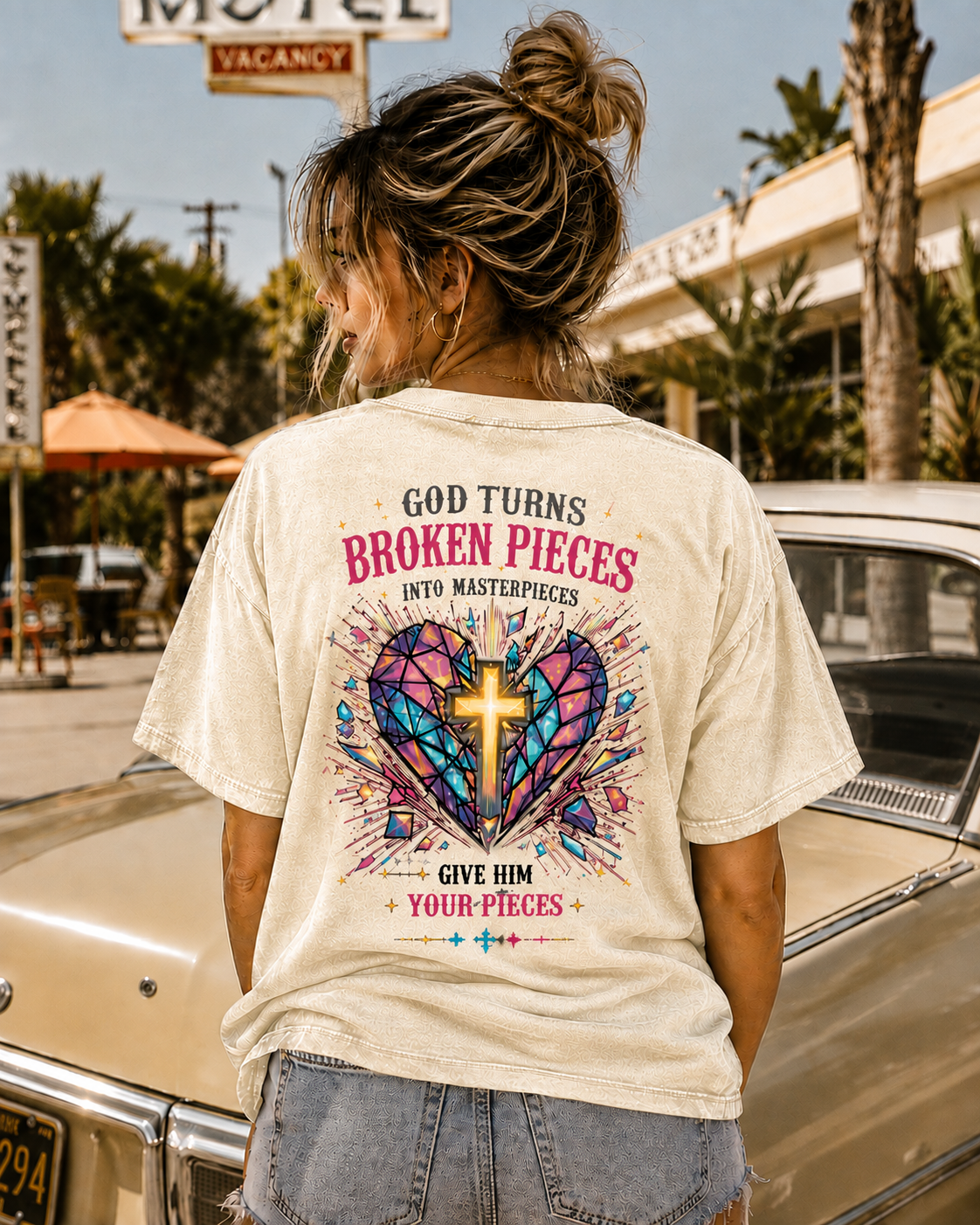 Broken Pieces Masterpiece – Vintage Cross Graphic T-Shirt