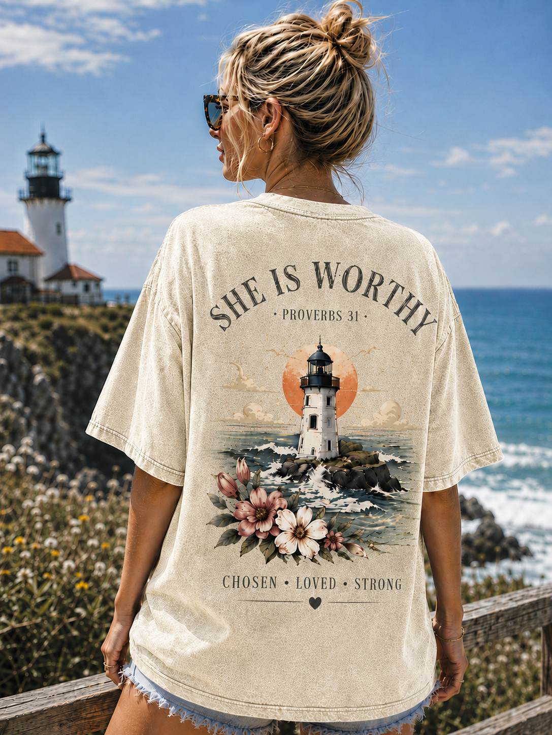 She Is Worthy Lighthouse T-Shirt – Vintage Christian Graphic Tee