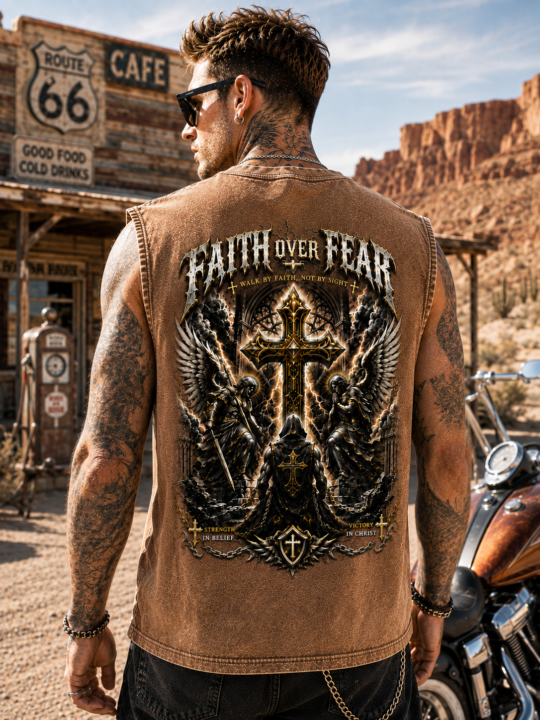 Faith Over Fear – Vintage Washed Blue Biker Tank