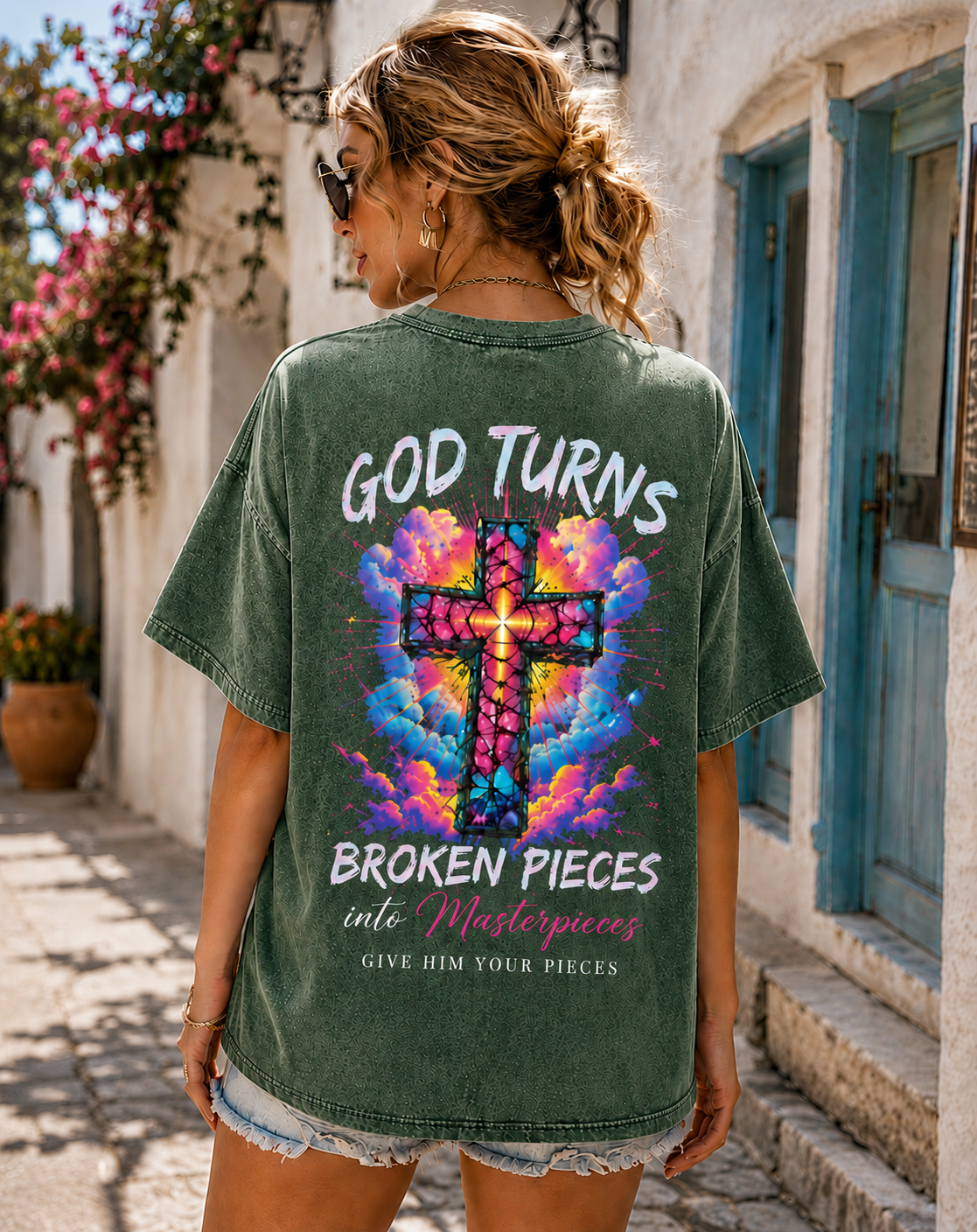 GOD Turns Broken Pieces Graphic Tee – Vintage Washed Black