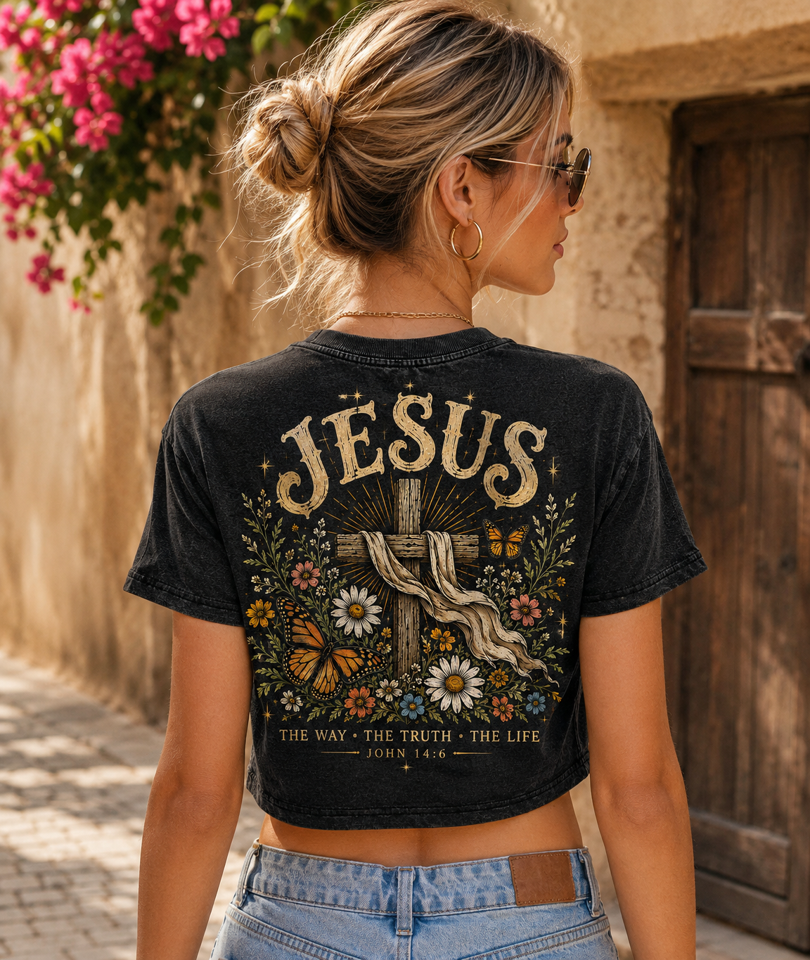 Vintage Jesus Cross Crop Top – Faith Graphic Tee