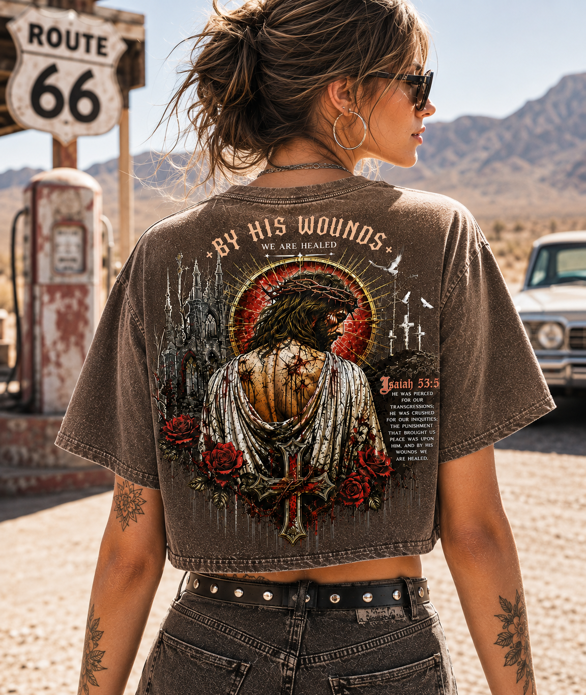 By His Wounds Gothic Cross Crop Tee – Vintage Christian Style
