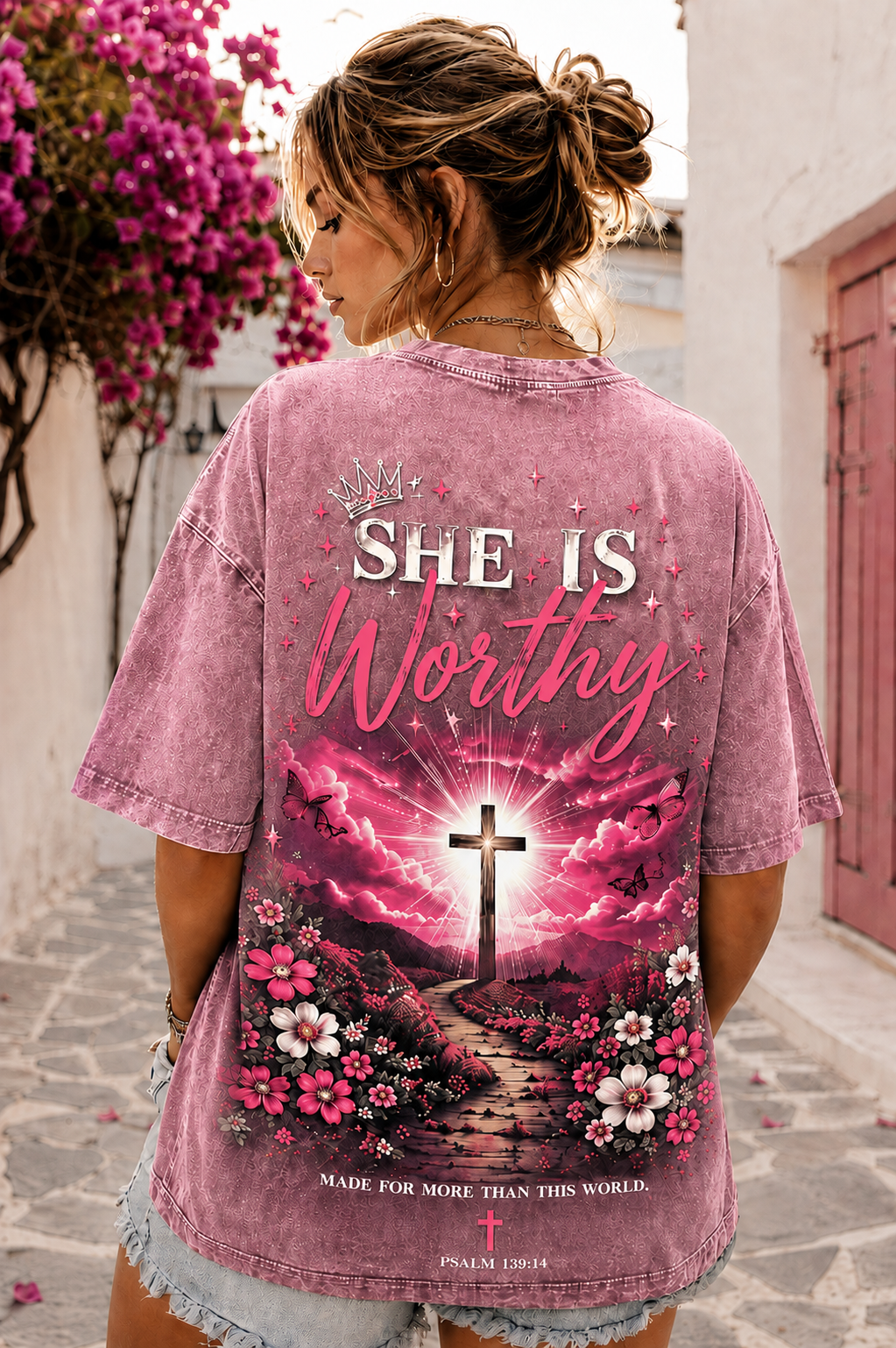 She Is Worthy Christian Graphic Washed Black Oversized T-Shirt