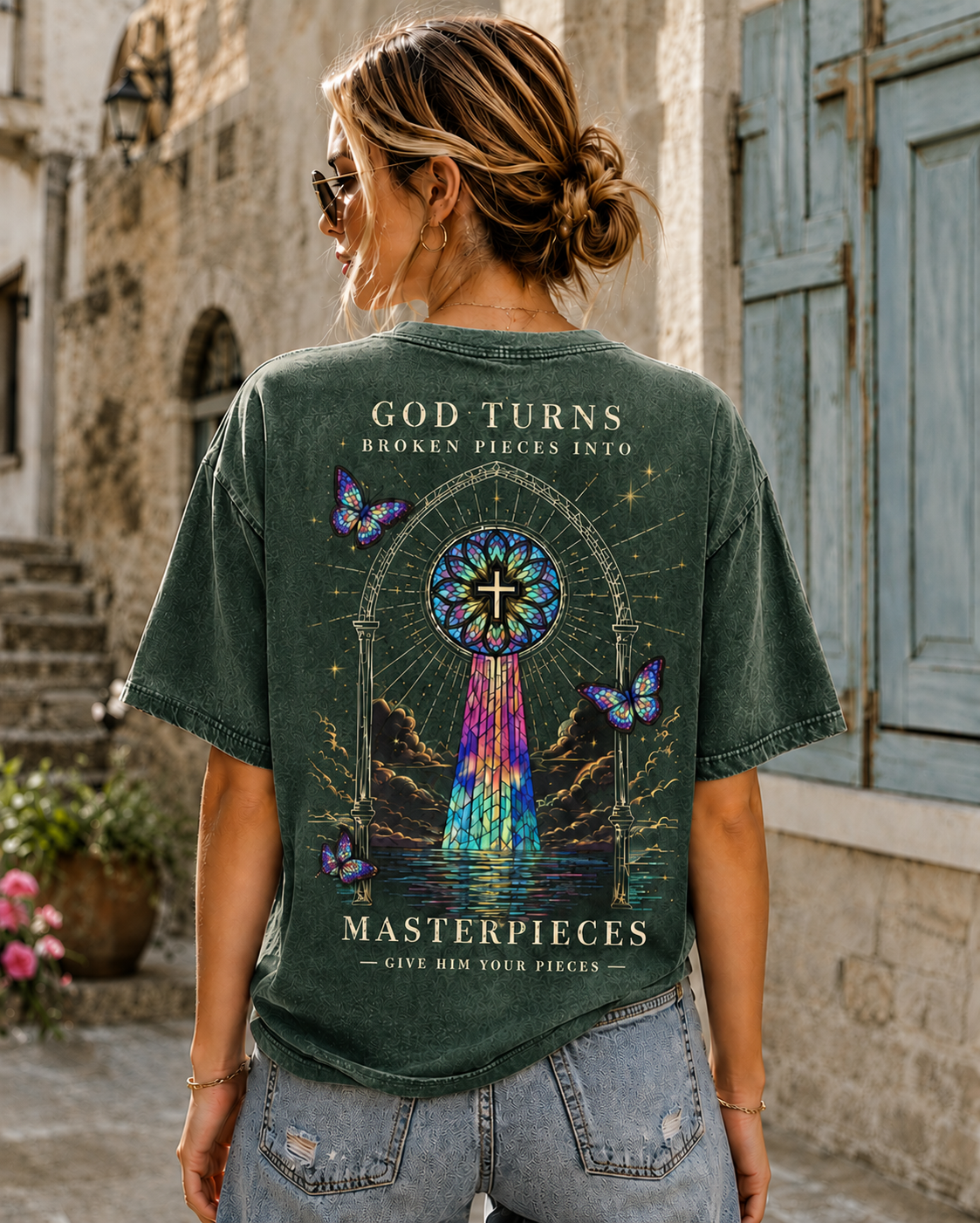 GOD TURNS Broken Pieces – Stained Glass Cross T-Shirt