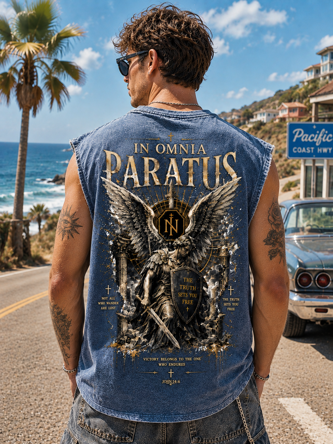 In Omnia Paratus – Vintage Winged Warrior Washed Black Tank Top