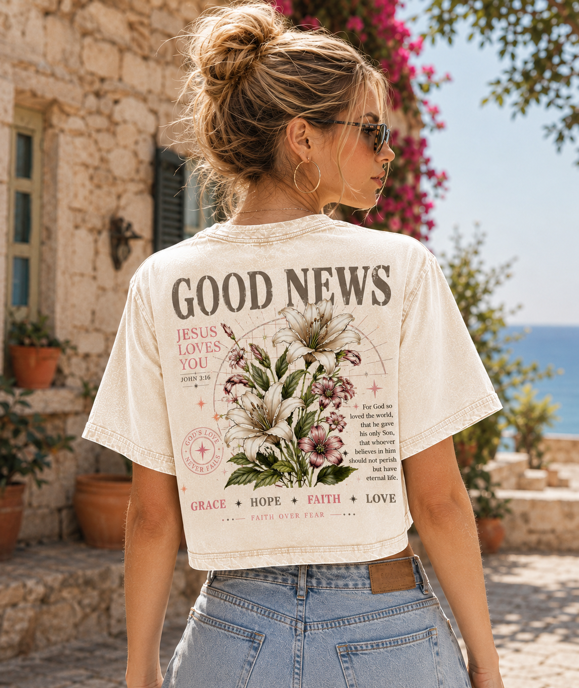 Good News Faith Floral Crop Top – Vintage Christian Tee